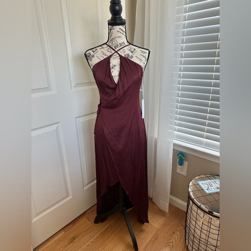 New Young Fabulous & Broke Red Wine Halter Open Back High-Low Wrap Dress